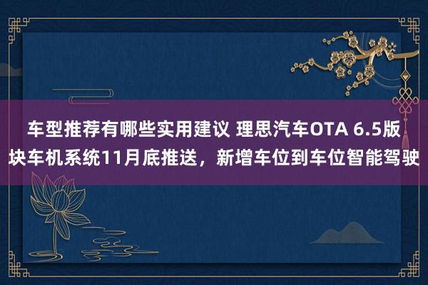 车型推荐有哪些实用建议 理思汽车OTA 6.5版块车机系统11月底推送，新增车位到车位智能驾驶